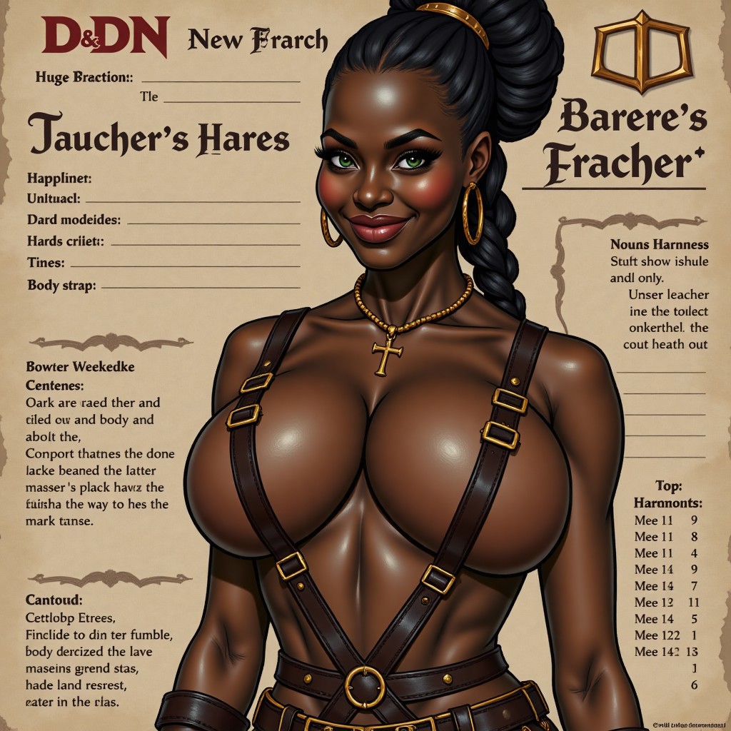 A close-up shot of a neutral toned blank D&D character sheet that displays a huge breasted+++++ black ebony Jamaican female barbarian naked and topless in her sexy dark brown leather oiled body harness+++++ and body straps+++++. The illustrated figure is very realistic as she looks out from the D&D character sheet with a soft, seductive, sly+++, and arrogant+++++ smile++++, almost as if she were real.
The sheet has a neutral toned blank background. It is done in a highly realistic+++ style+++. she has gold hoop earrings and is wearing a small gold Egyptian Ankh+++++ necklace+. Detailed dark brown leather oiled sex+++ straps+++++.