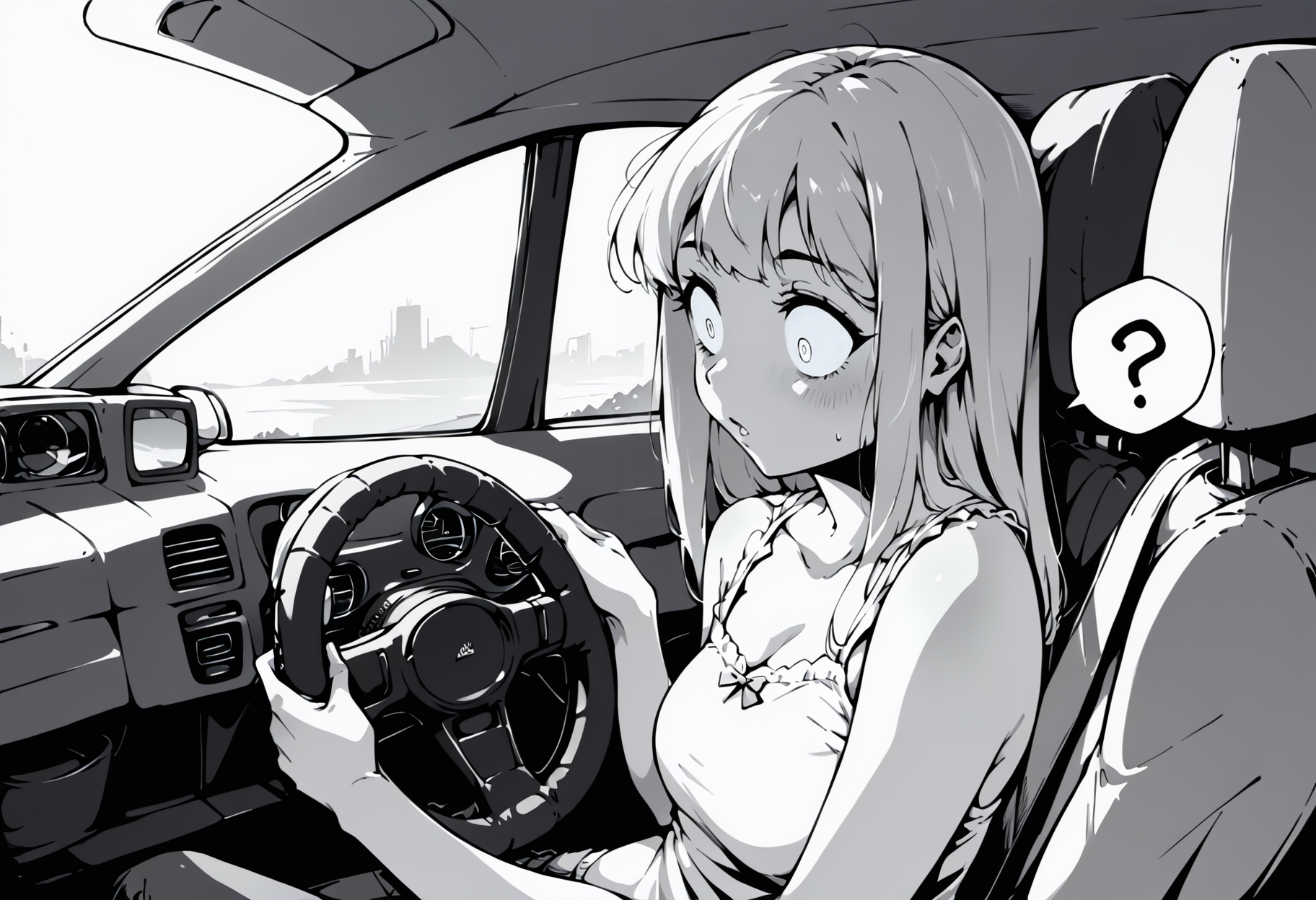 score_9, score_8_up, score_7_up, score_6_up, score_5_up, score_4_up, source_anime, uncensored, zPDXLxxx, <lora:intricate_details:1> intricate_details_xl, car interior, steering wheel, upper body, 
<lora:Sister_Monochrome_Fantasy_v1.1:0.8> imouto, sister, 1girl, solo, monochrome, greyscale, long hair, camisole, driving, wide-eyed, blank eyes, spoken question mark, hands on steering wheel