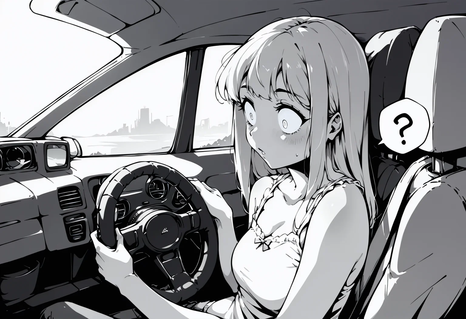 score_9, score_8_up, score_7_up, score_6_up, score_5_up, score_4_up, source_anime, uncensored, zPDXLxxx, <lora:intricate_details:1> intricate_details_xl, car interior, steering wheel, upper body,
<lora:Sister_Monochrome_Fantasy_v1.1:0.8> imouto, sister, 1girl, solo, monochrome, greyscale, long hair, camisole, driving, wide-eyed, blank eyes, spoken question mark, hands on steering wheel