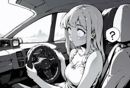 score_9, score_8_up, score_7_up, score_6_up, score_5_up, score_4_up, source_anime, uncensored, zPDXLxxx, <lora:intricate_details:1> intricate_details_xl, car interior, steering wheel, upper body,
<lora:Sister_Monochrome_Fantasy_v1.1:0.8> imouto, sister, 1girl, solo, monochrome, greyscale, long hair, camisole, driving, wide-eyed, blank eyes, spoken question mark, hands on steering wheel