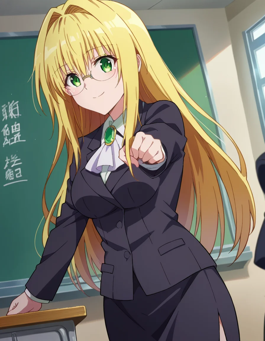 score_9, score_8_up, score_7_up, source_anime,
tearjulunatique, <lora:tearju-lunatique-ponyxl-lora-nochekaiser:1>,
tearju lunatique, long hair, blonde hair, green eyes, sidelocks, glasses, smile,
shirt, collared shirt, white shirt, suit, formal suit, long sleeves, ascot, white ascot, gemstone, green gemstone, skirt, pencil skirt,
indoors, classroom, teaching, chalkboard,
looking at viewer, cowboy shot, dutch angle, dynamic pose,