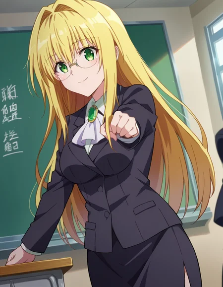 score_9, score_8_up, score_7_up, source_anime,
tearjulunatique, <lora:tearju-lunatique-ponyxl-lora-nochekaiser:1>,
tearju lunatique, long hair, blonde hair, green eyes, sidelocks, glasses, smile,
shirt, collared shirt, white shirt, suit, formal suit, long sleeves, ascot, white ascot, gemstone, green gemstone, skirt, pencil skirt,
indoors, classroom, teaching, chalkboard,
looking at viewer, cowboy shot, dutch angle, dynamic pose,