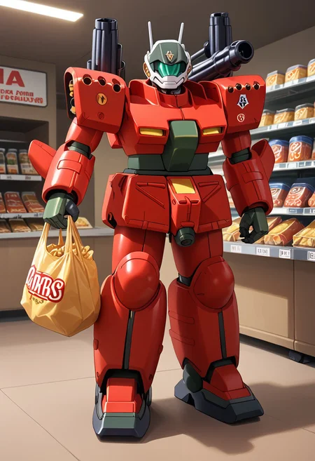 score_9, score_8_up, score_7_up, source_anime, front view, BREAK,  ( guncannon_mass_production_type, behind sopping cart, looking at viewer,) 1mech, shoulder cannons stowed, mech focus, solo, BREAK, two arms, in grocery store, grabbing bag of chips, pushing shopping cart, checkout isle, holding chips,