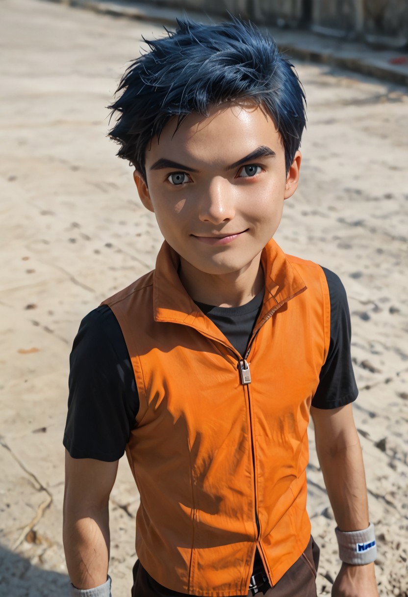 score_9,score_8_up,score_7_up, Raw Photo, Cowboy Shot, confident smile, closed mouth, solo, detailed, 1boy, male focus, henry wong, blue hair, grey eyes, orange vest, black shirt,short hair, grey wristbands, brown trousers, detailed face, detailed eyes, portrait, detailed, intricate details, highres, absurdres, best quality, amazing quality, best aesthetic, masterpiece, depth of field, dynamic angle, photo realistic:1.4, realistic skin:1.4, sharp, analog film grain, hyperdetailed:1.15