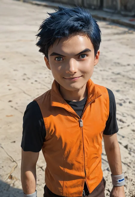 score_9,score_8_up,score_7_up, Raw Photo, Cowboy Shot, confident smile, closed mouth, solo, detailed, 1boy, male focus, henry wong, blue hair, grey eyes, orange vest, black shirt,short hair, grey wristbands, brown trousers, detailed face, detailed eyes, portrait, detailed, intricate details, highres, absurdres, best quality, amazing quality, best aesthetic, masterpiece, depth of field, dynamic angle, photo realistic:1.4, realistic skin:1.4, sharp, analog film grain, hyperdetailed:1.15