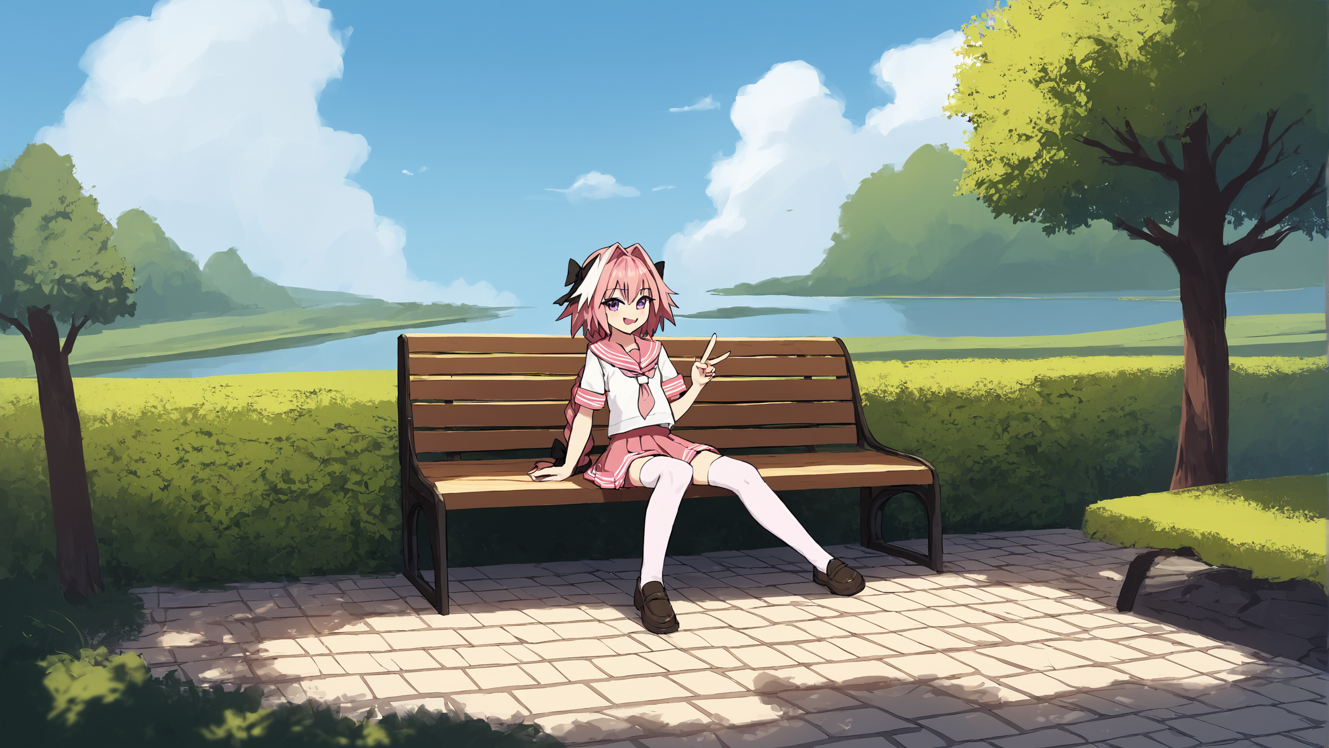 score_9, score_8_up, score_7_up, score_6_up, score_5_up, score_4_up, rating_safe
BREAK
astolfo \(fate\), otoko no ko, pink hair, braid,
BREAK
solo, sitting, stone bench, pink serafuku, white shirt, pink thighhighs, pink skirt, peace sign,
BREAK
park, day, clouds, blue sky, scenery, <lora:Lunas-AsteroidIll-SDXL-A1:1>