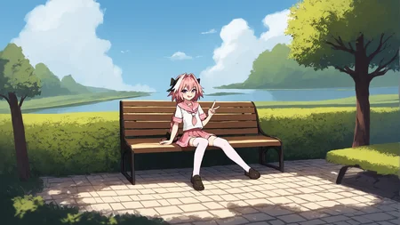 score_9, score_8_up, score_7_up, score_6_up, score_5_up, score_4_up, rating_safe
BREAK
astolfo \(fate\), otoko no ko, pink hair, braid,
BREAK
solo, sitting, stone bench, pink serafuku, white shirt, pink thighhighs, pink skirt, peace sign,
BREAK
park, day, clouds, blue sky, scenery, <lora:Lunas-AsteroidIll-SDXL-A1:1>