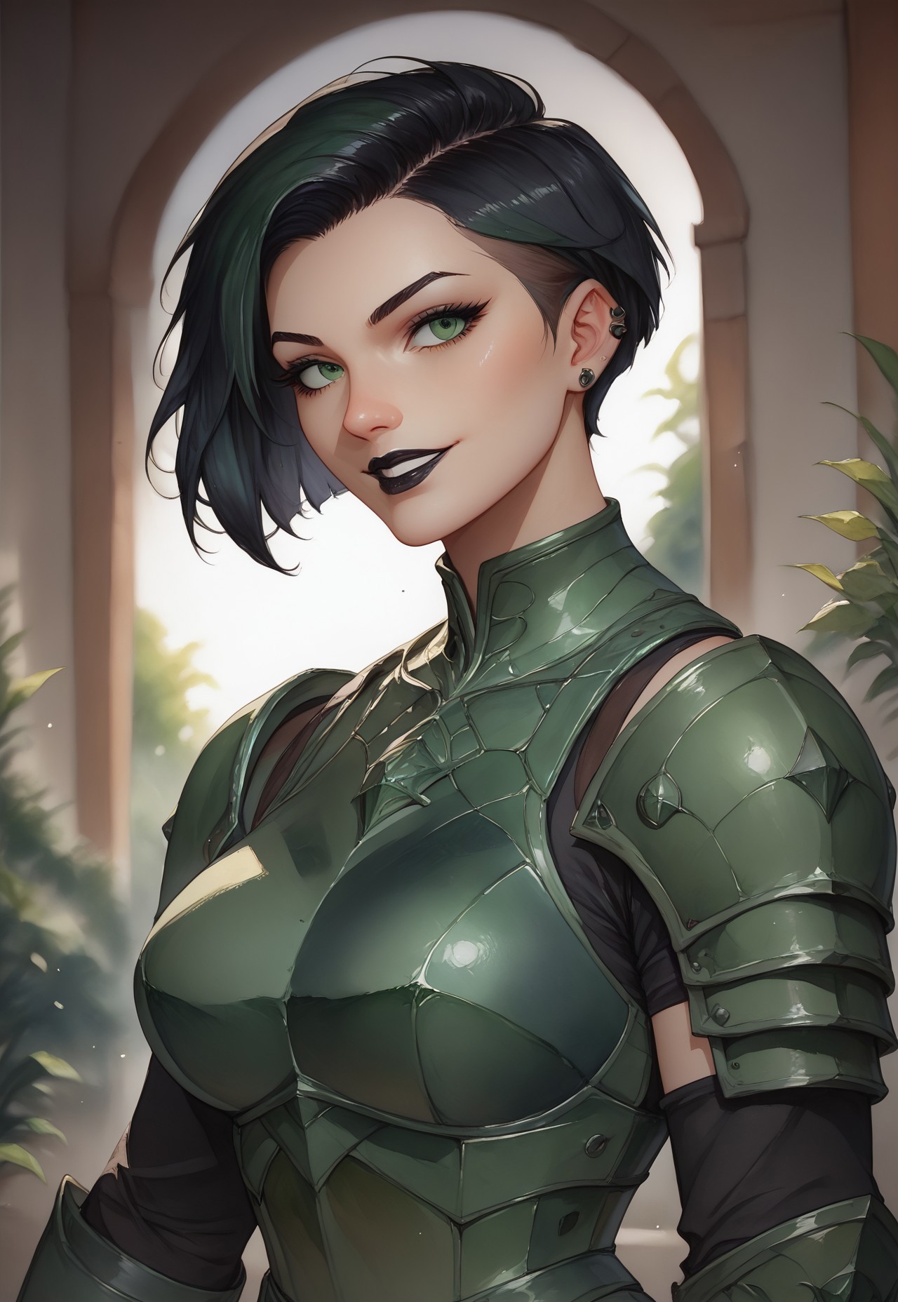 score_9, score_8_up, score_7_up, woman, goth, green eyes, short hair, undercut hair, black hair, looking at the viewer, dynamic pose, blurred background, smile, green armor, massive armor, lips closed, black lipstick, watercolor painting, traditional media,
