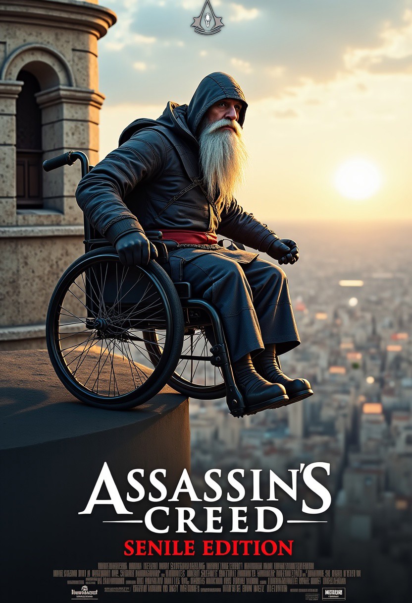 imagine a digital Movie poster, it features an realy old Assassins Creed Character with a very long gray beard, he is sitting on a wheelchair and is doing a Leap of faith from a church belltower
The title of the movie "Assassings Greet Senile Edition" is written in large, bold letters prominently displayed at the bottom
The Name "Oubsi Soft" is write on top of the poster and credits below on the poster