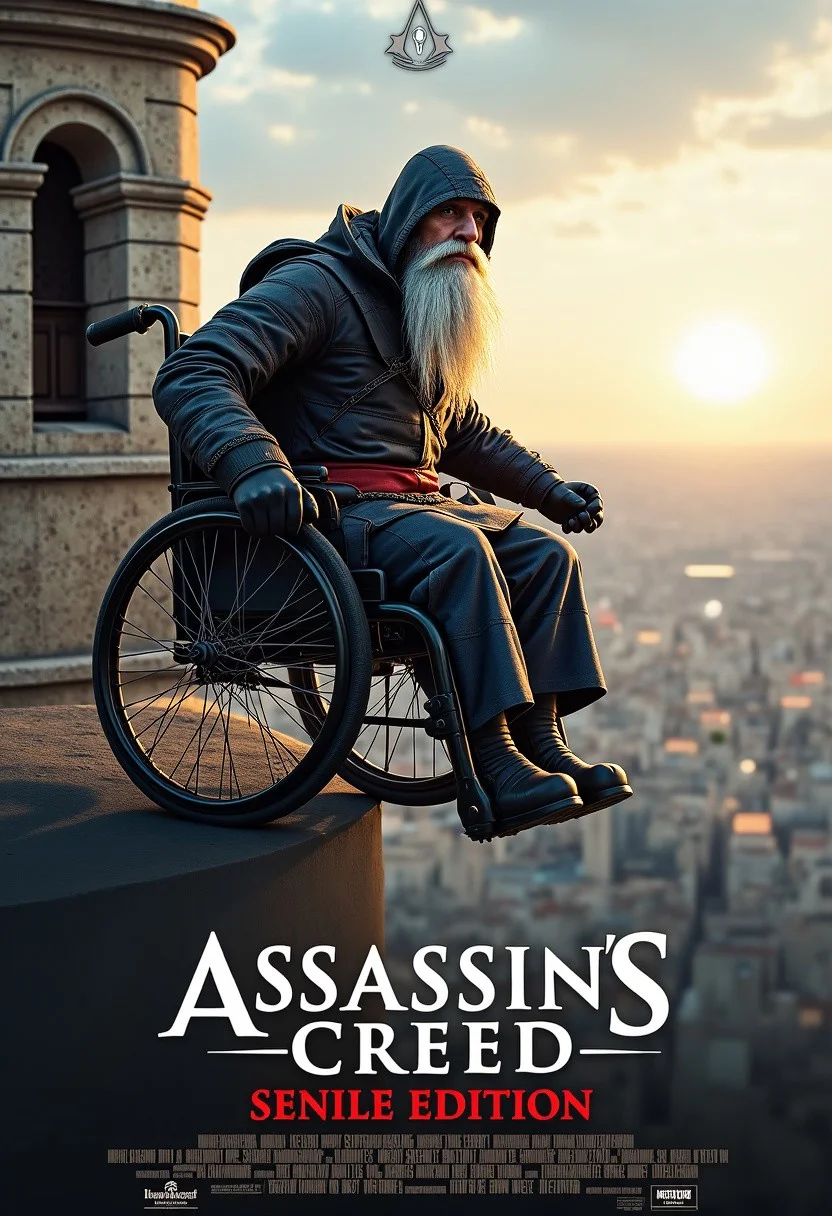 imagine a digital Movie poster, it features an realy old Assassins Creed Character with a very long gray beard, he is sitting on a wheelchair and is doing a Leap of faith from a church belltower
The title of the movie "Assassings Greet Senile Edition" is written in large, bold letters prominently displayed at the bottom
The Name "Oubsi Soft" is write on top of the poster and credits below on the poster