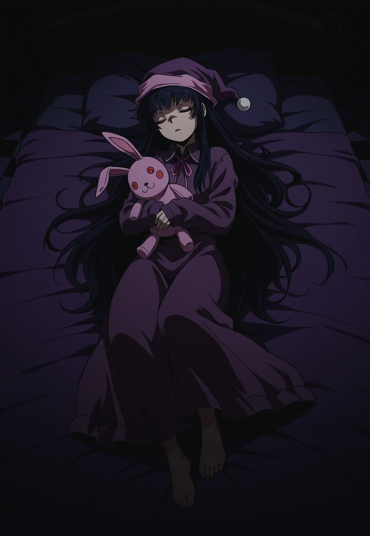 masterpiece, best quality, amazing quality, DriftersEASY, 1girl, solo, female focus, black hair, very long hair, closed eyes, PJEASY, purple nightcap, pink neck ribbon, long sleeves, purple nightgown, sleeves past wrists, oversized nightgown, sleeping, barefoot, bed, stuffed bunny, holding stuffed toy, checkered background, dark, 