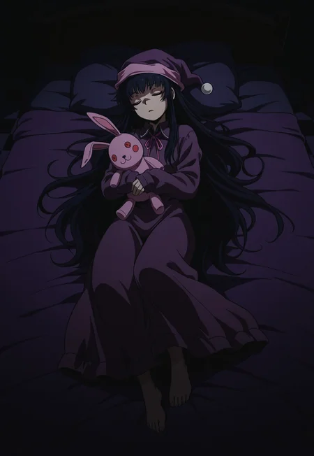 masterpiece, best quality, amazing quality, DriftersEASY, 1girl, solo, female focus, black hair, very long hair, closed eyes, PJEASY, purple nightcap, pink neck ribbon, long sleeves, purple nightgown, sleeves past wrists, oversized nightgown, sleeping, barefoot, bed, stuffed bunny, holding stuffed toy, checkered background, dark,
