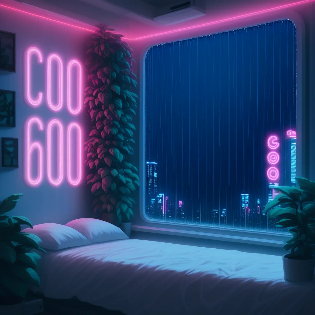 score_9,score_8_up,score_7_up,score_6_up, steaming coffee cup on windowsill, plants on the windowsill, wall of plants, monstera plant, large plant, tidy bedrrom, small room, cramped bedroom, teddies on the bed, cyberpunk city view out of the window, neon light, purple neon lights, rain, rain outside, rain on the window
