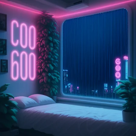 score_9,score_8_up,score_7_up,score_6_up, steaming coffee cup on windowsill, plants on the windowsill, wall of plants, monstera plant, large plant, tidy bedrrom, small room, cramped bedroom, teddies on the bed, cyberpunk city view out of the window, neon light, purple neon lights, rain, rain outside, rain on the window
