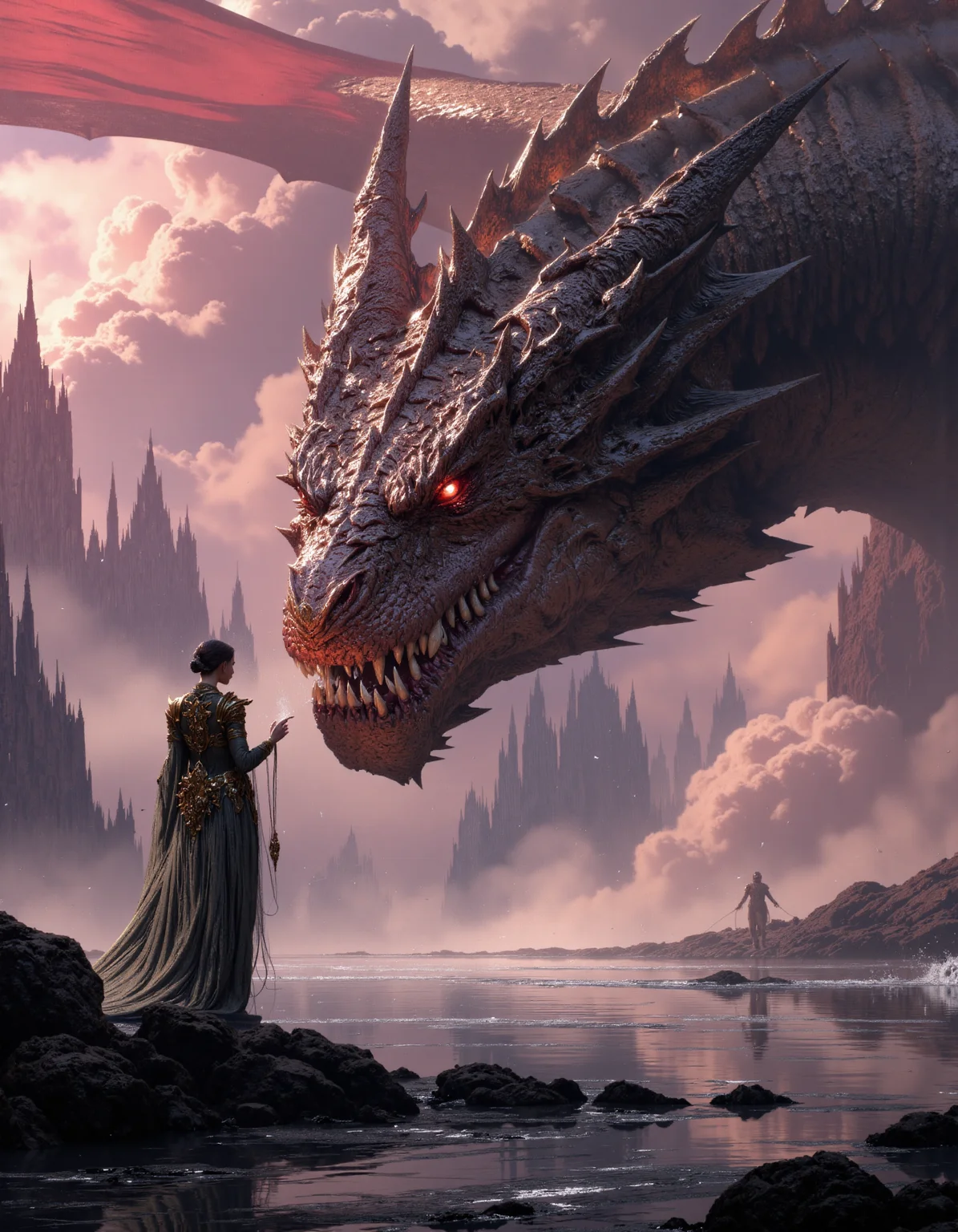 hyper realistic and highly detailed, highly dynamic cinematic panorama view, a beautiful young woman is standing in the water next to a gargantuan dragon, in the style of fantasy scenes, realistic detail, magewave, ferrania p30, Bisque and Blush Pink hue, atmospheric haze, panoramic zoomed out view, highly dramatic lighting, MythP0rt
<lora:FredFraiStyle-FLUX-Share:0.5> <lora:FluxMythP0rtr4itStyle:0.7> <lora:dark_fantasy_flux:0.9>