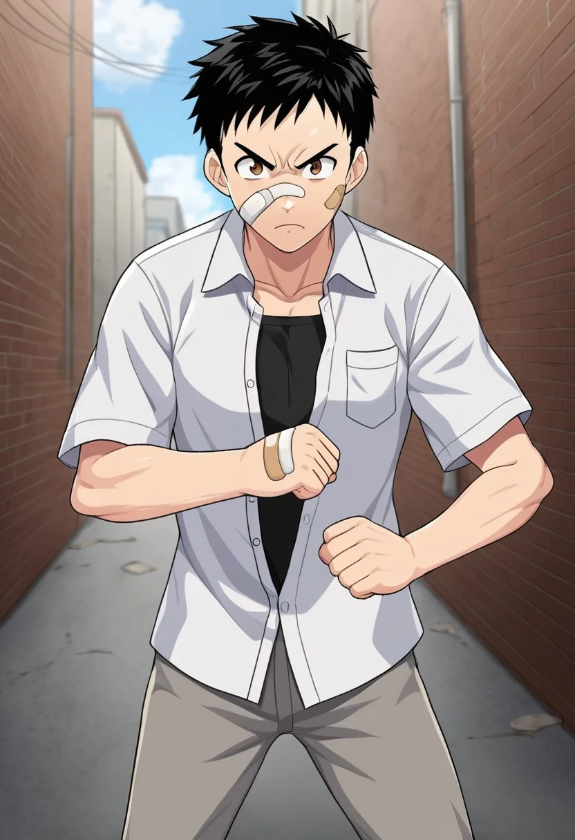 harmard, black hair, short hair, brown eyes, 1boy, solo, solo focus, wear white shirt, unbuttoned shirt, chest pocket, black t-shirt, grey pants, plaster on cheek, bandage on hands, at gang alley, outdoor, fight pose, furious expression