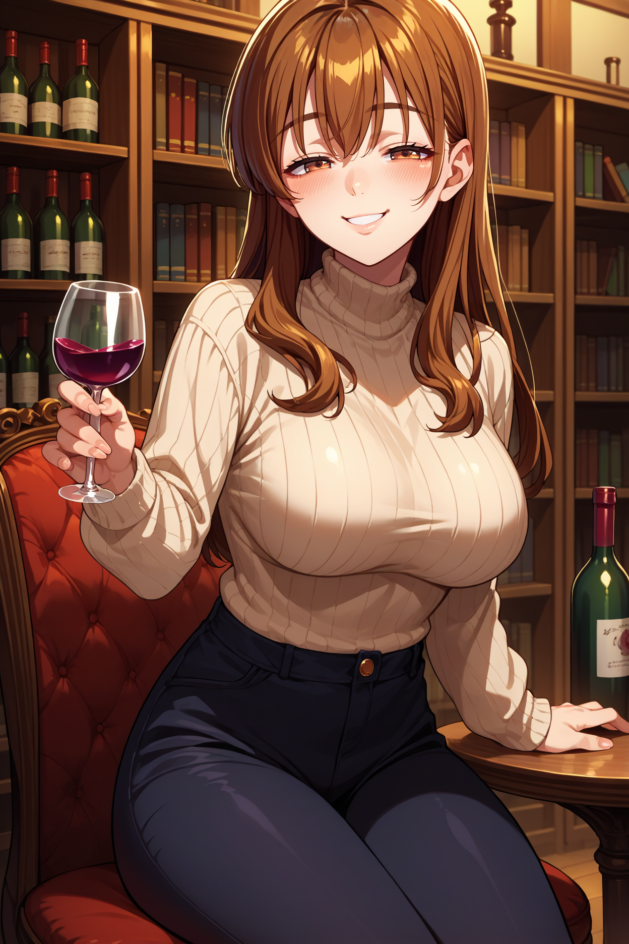 score_9, score_8_up, score_7_up, score_6_up, source_anime, 1girl, solo  <lora:kotegawananaka-pdxl-nvwls-v1-000006:1> gbnan, brown hair, long hair, brown eyes, large breasts, beige sweater, black pants, holding wineglass, smile, half-closed eyes, blush, sitting, table, bookshelf, chair