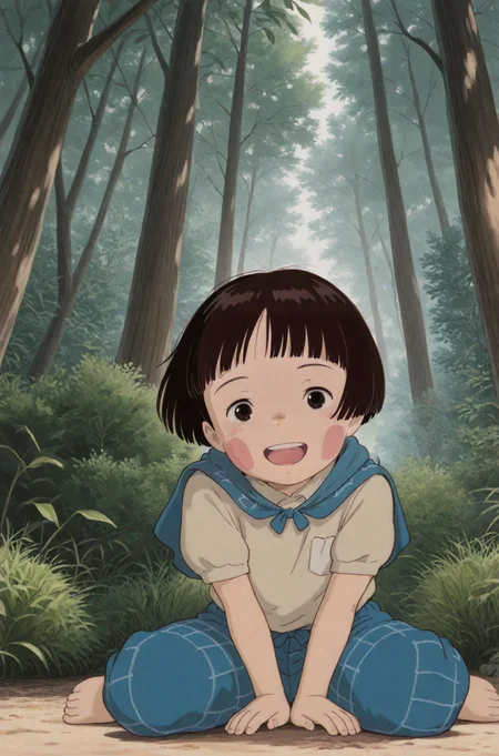 ganaishoten:0.6, leonardo 16sei:0.7, <lora:ai_styles_collection_noob_vpred-1.0-v4.02:1>, <lora:illustriousXL_stabilizer_v1.7:0.7>, anime coloring, (masterpiece, best quality, very aesthetic, absurdres, high quality), 1girl, solo, <lora:Setsuko_Yokokawa:0.8>, setsuko, white shirt, collared shirt, blue monpe, barefoot, brown hair, brown eyes, short hair, blush stickers, smile, looking at viewer, blue pants, breast pocket, upper teeth only, puffy sleeves, hooded cape, sitting, forest