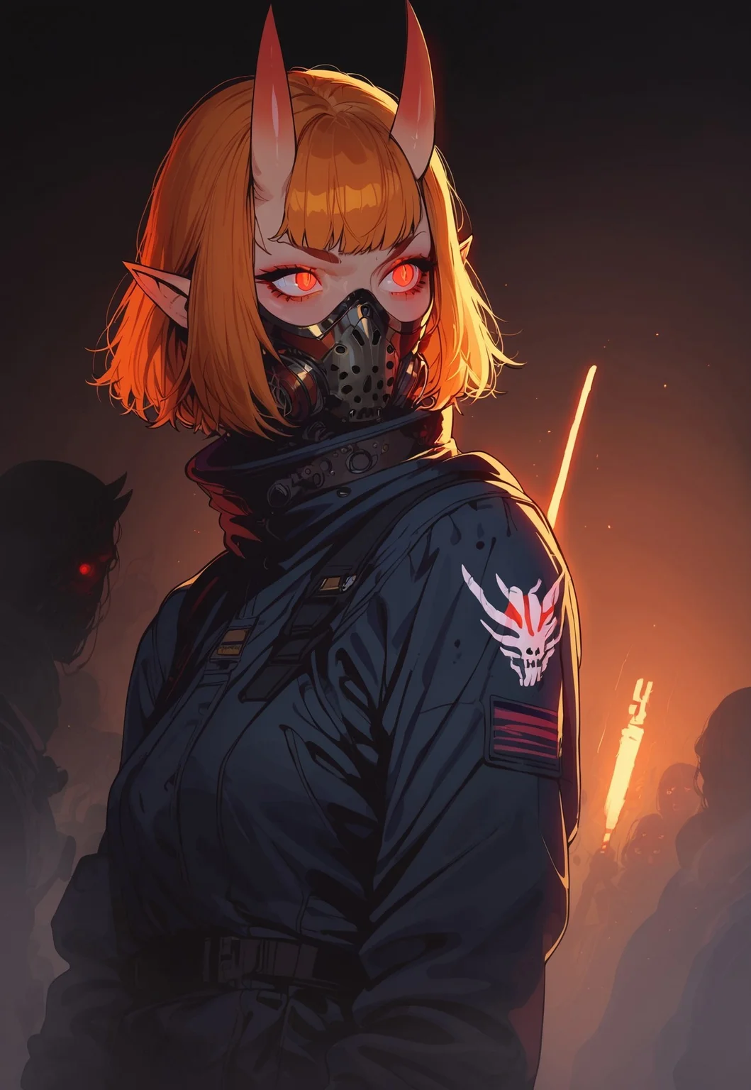 safe_pos, score_9, score_8_up, score_7_up, g0th1c, 43stl1ght1ng, darkness, low light, rimlight, 1ly4, 1girl, monster girl, wide hips, small breasts, toned, oni horns, ginger hair, bangs, short hair, red eyes, glowing eyes, slit pupils, pointy ears, posing, space suit, breathing mask, skintight, energy gun, weapon on back, scifi, dutch angle, fierce, wide angle, cinematic shot, foggy, spaceship, indoors, horror \(theme\), looking away