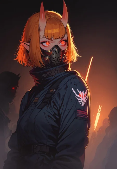 safe_pos, score_9, score_8_up, score_7_up, g0th1c, 43stl1ght1ng, darkness, low light, rimlight, 1ly4, 1girl, monster girl, wide hips, small breasts, toned, oni horns, ginger hair, bangs, short hair, red eyes, glowing eyes, slit pupils, pointy ears, posing, space suit, breathing mask, skintight, energy gun, weapon on back, scifi, dutch angle, fierce, wide angle, cinematic shot, foggy, spaceship, indoors, horror \(theme\), looking away