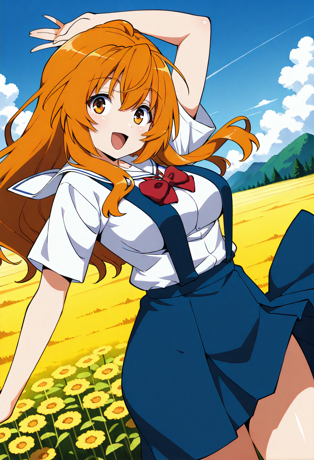 minami_chihiro, orange eyes, orange hair, long hair, school uniform, red bowtie, white shirt, short sleeves, blue skirt, suspender skirt, <lora:minami_chihiro_illustrious_ver1:0.8> 
smile, open mouth,, masterpiece, best quality, general,, 1girl, solo, (field:1.2), (blue sky:1.2), looking at viewer,, (cowboy shot, dynamic pose:1.4),