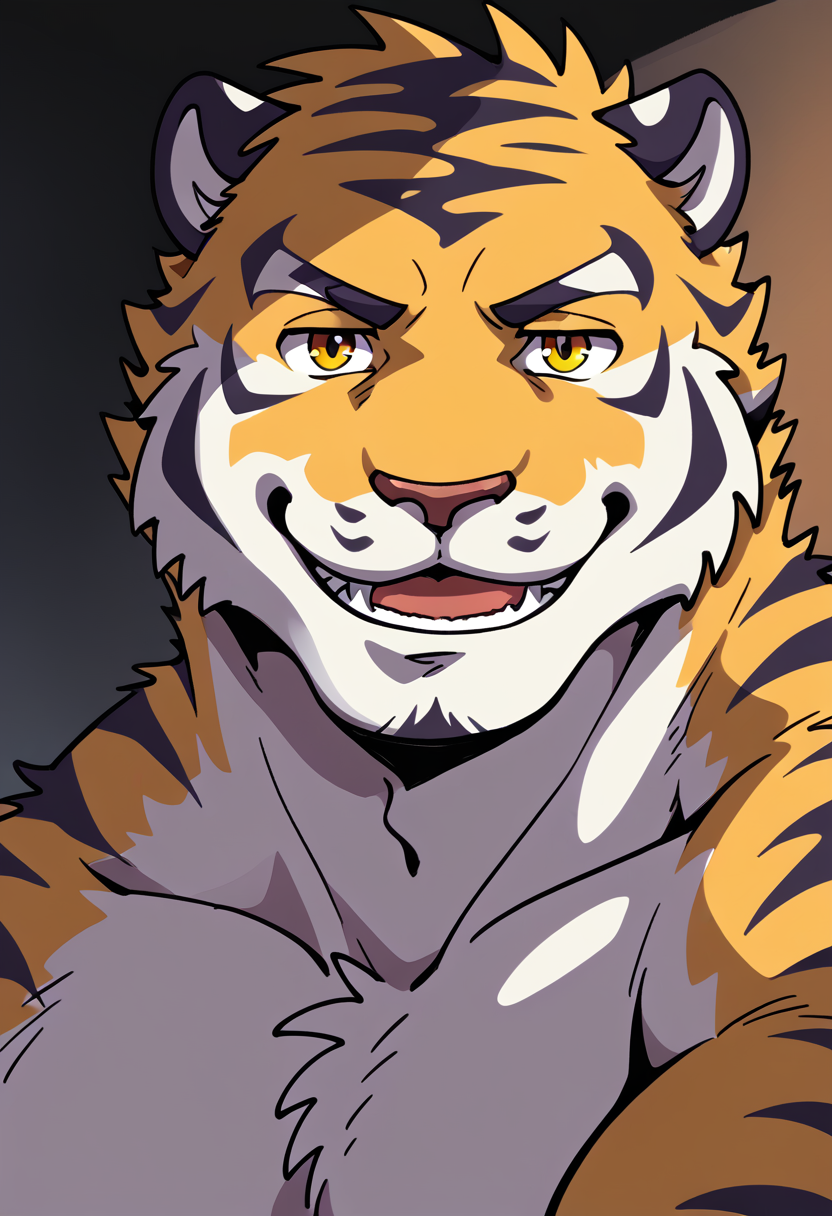 high quality, hires, by fruitz, furry, tiger, furry male, male focus, 1boy, solo, smile, looking at viewer, bara, <lora:Fruitz_style:1>
