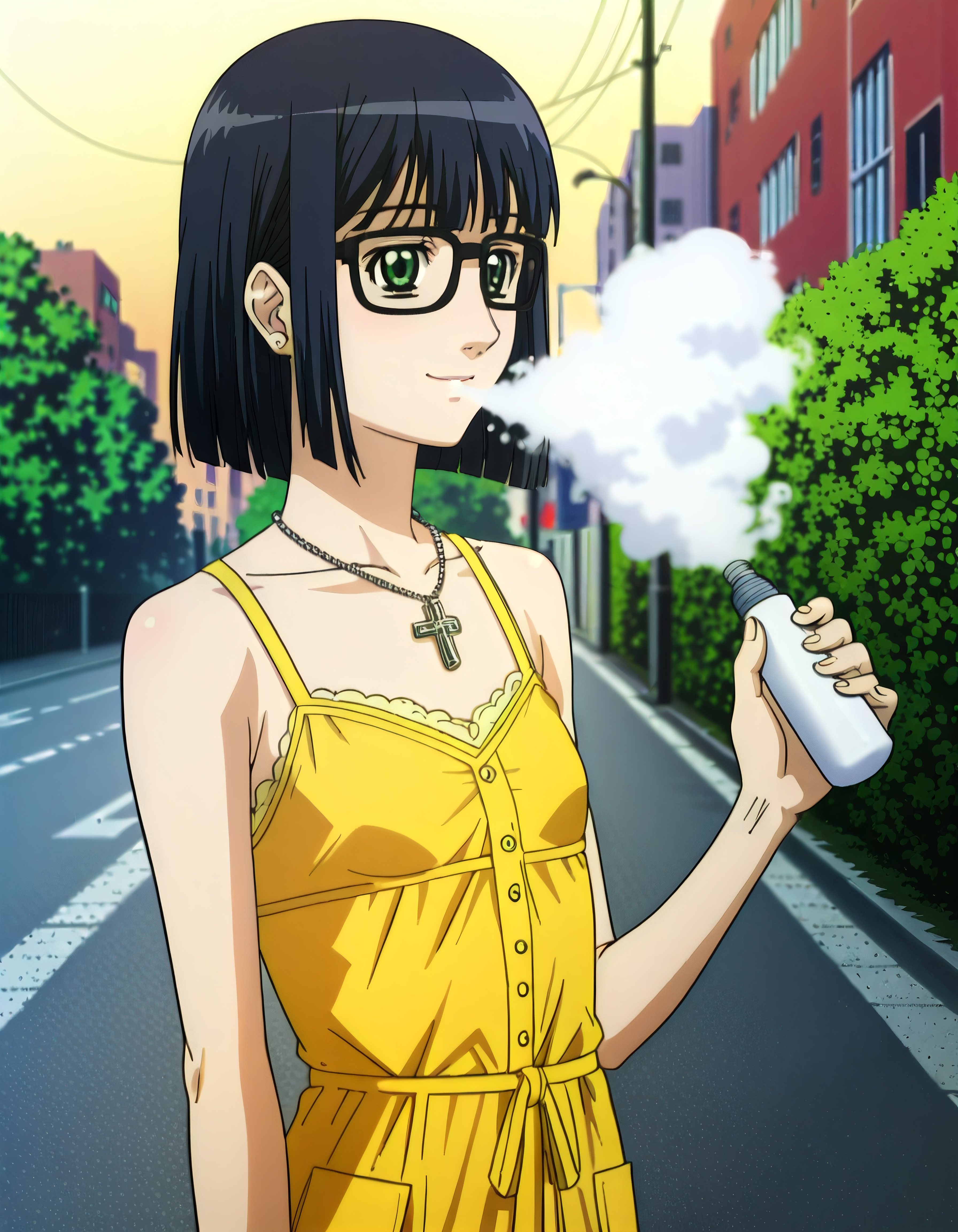 score_9, score_8_up, score_7_up, rating_sensitive, uncensored, source_hentai, source_anime, rating_explicit, (embedding:zPDXLxxx:1), Perfect Hands BREAK (girl:1.2), (little:1.2), smoke, vape, smoking, vaping, vapor, aoifutaba, upper body, smile, (holding vape device), long hair, black hair, green eyes, glasses, small breasts, yellow dress, jean shorts, silver cross necklace, outdoors, street, city, bush, tree, sunset,