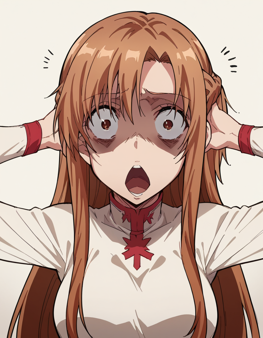 score_9, score_8_up, score_7_up, source_anime, asunayuuki, <lora:asuna-yuuki-s1-ponyxl-lora-nochekaiser:1>, asuna yuuki, long hair, brown hair, brown eyes, medium breasts,, <lora:shocked-black-guy-ponyxl-lora-nochekaiser:1> shocked black guy, open mouth, looking at viewer, hands behind head, shaded face,, , ,