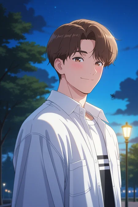 masterpiece, best quality, amazing quality, very aesthetic, high resolution, ultra-detailed, absurdres, newest, scenery, volumetric lighting, depth of field,anime screencap, , , 1boy, solo, male focus,  <lora:lee_joon:0.78>, lee joon,brown hair,brown eyes,short hair,side swept,looking at viewer, blush, smile, shirt,closed mouth, white shirt, upper body, outdoors, open clothes, sky, collared shirt, cloud, black shirt, parted bangs, tree, night, night sky, lamppost,from side