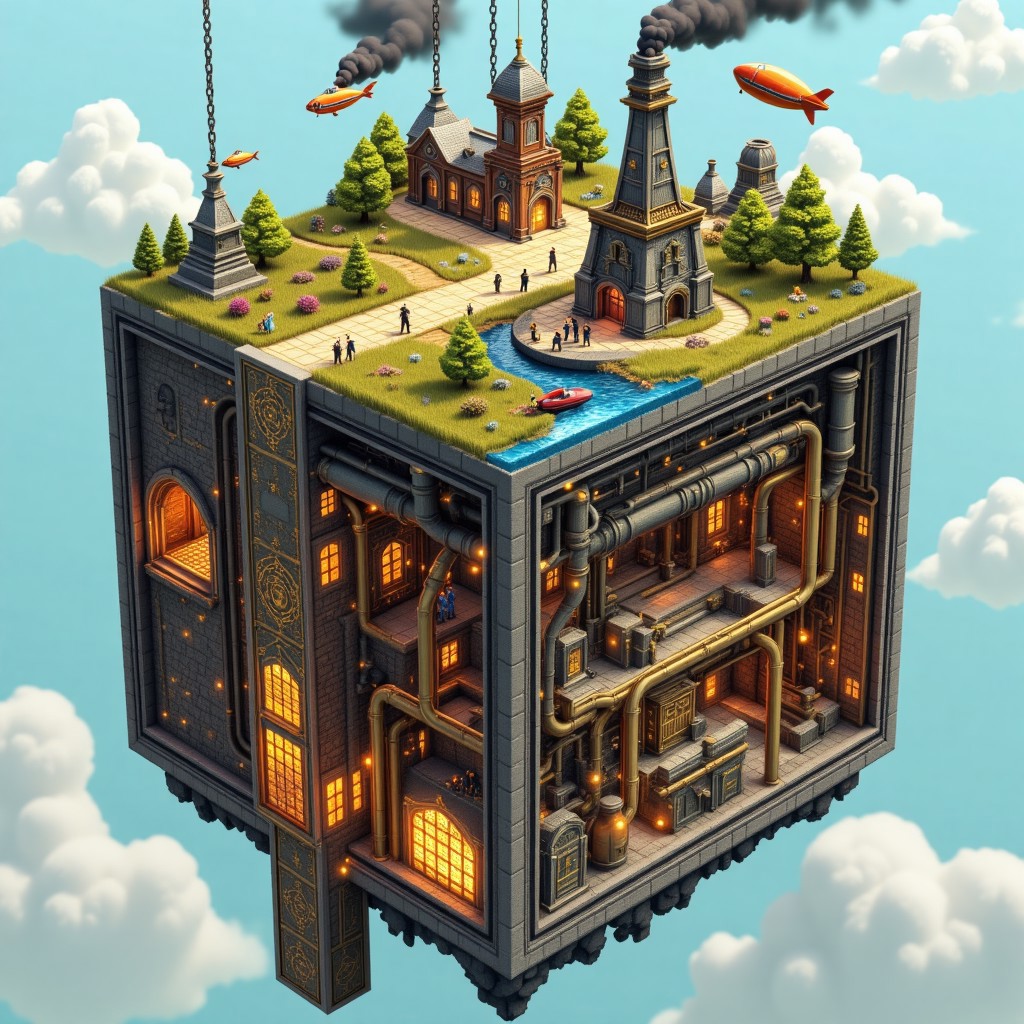 M1CR0CUB3D, aidmafluxpro1.1, A floating cubed world tethered by chains to massive airships, its surface home to a skyport with rotating gear towers and dirigibles. Below, an elevator shaft runs through layers of brass piping, steam vents, and glowing coal furnaces. Lighting: strong contrast with warm amber glows and soft atmospheric haze. Style: steampunk illustration with ornate Victorian tech.