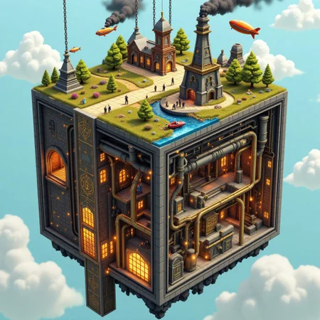M1CR0CUB3D, aidmafluxpro1.1, A floating cubed world tethered by chains to massive airships, its surface home to a skyport with rotating gear towers and dirigibles. Below, an elevator shaft runs through layers of brass piping, steam vents, and glowing coal furnaces. Lighting: strong contrast with warm amber glows and soft atmospheric haze. Style: steampunk illustration with ornate Victorian tech.