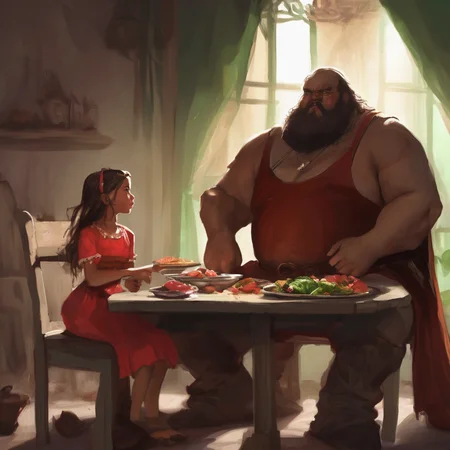 A digital painting of a big fat man wearing brown sitting at a dinner table next to a poor impoverished little girl with a red coral dress, white frilly shirt and green headband, he has a big meal but she has nothing, (unfair:1.1), medieval, RPG fantasy artwork art, masterpiece, 300DPI, high quality