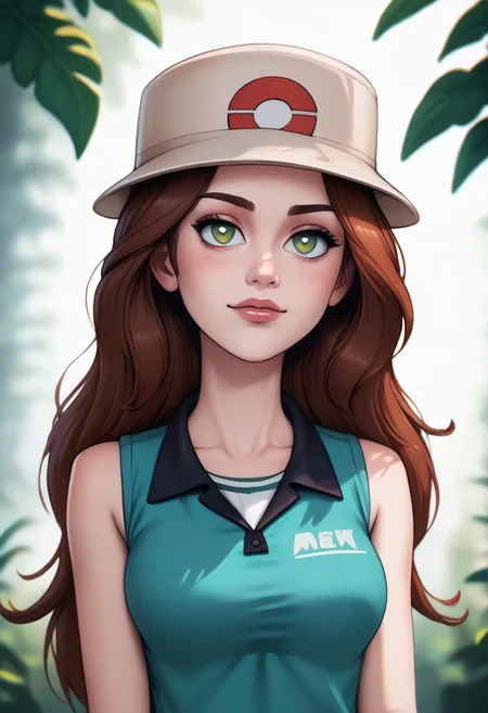 score_9, score_8_up, score_7_up, score_6_up, PRSNL_3_1, uncensored, pupils black dots, lips,
upper body, best quality, masterpiece, 4k, realistic, warm light,
LeafPony, leaf (pokemon), long hair, brown hair, brown eyes,
white headwear, porkpie hat, blue shirt, sleeveless shirt, red skirt, miniskirt, pleated skirt, wristband, black wristband, shoes, socks,