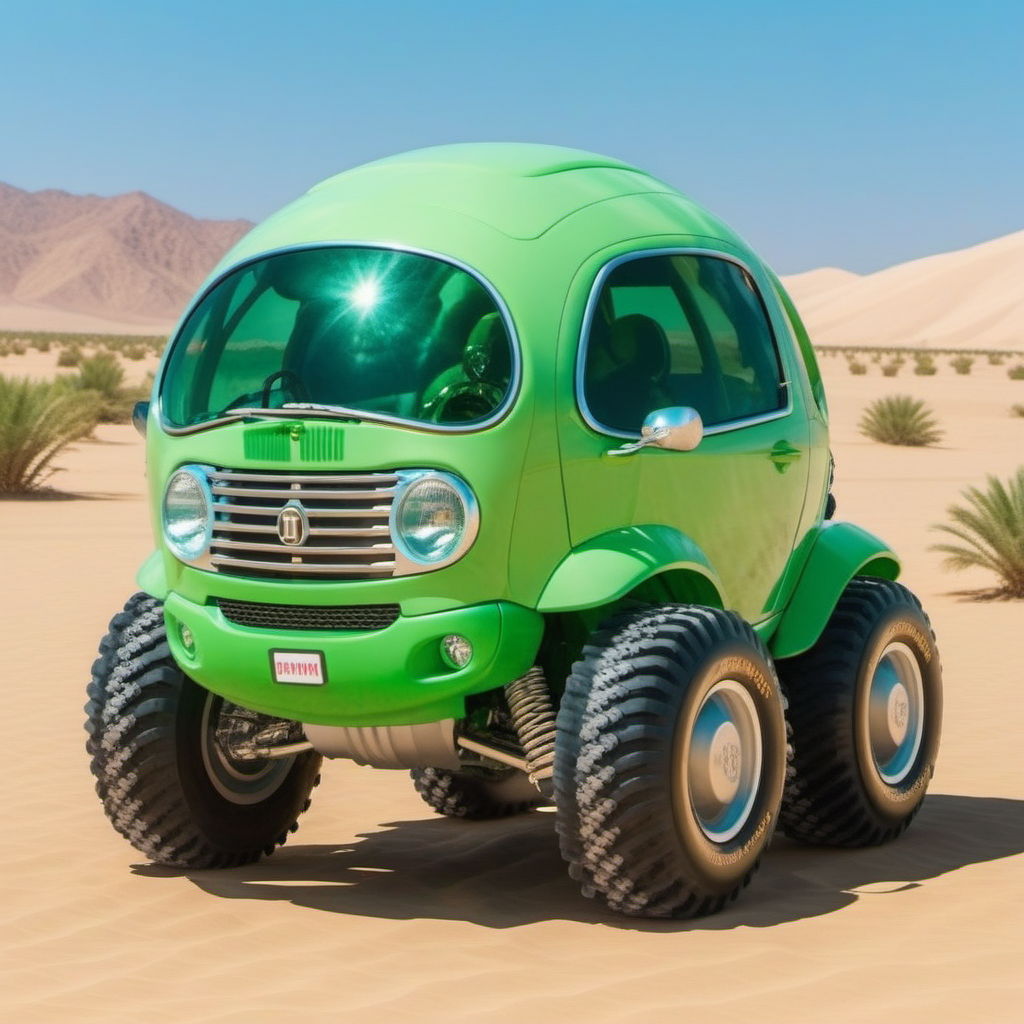 a green bubble monstertruck car, in the desert, highly detailed, attack on titan, photography, ultra sharp, film, professional, 64k <lora:PeaCar1024:0.8> <lora:add-detail-xl:1.5>