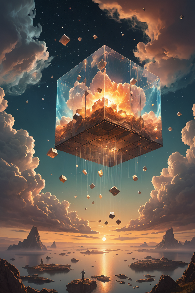 ethereal fantasy concept art of Bosch-style,a translucent cube traps eerie clouds,the starsscape warps,time distorts,surrealism reigns,stars,Glowing,sparkling . magnificent, celestial, ethereal, painterly, epic, majestic, magical, fantasy art, cover art, dreamy