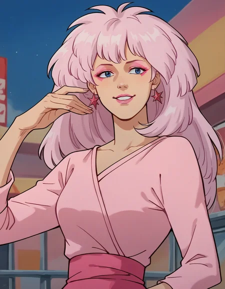 score_9, score_8_up, score_7_up, score_6_up, 1950s diner, upper body, hud_jem, 1girl, solo, long pink hair, blue eyes, tight long sleeve pink short dress, pink earrings, pink fringe sash, pink eyeshadow, pink lipstick, smile, retro artstyle, <lora:hud_jem:0.8>