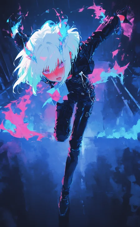 masterpiece, best quality, amazing quality, lio fotia, solo, open mouth, 1boy, gloves, jacket, purple eyes, white hair, male focus, horns, black gloves, pants, black jacket, ascot, fire, outstretched arms, half gloves, blue fire, pyrokinesis, biker clothes, green fire, Cinematic Lighting, Karinami Inkblush mode,thick ink outlines,soft marker gradients,era 2020s indie illustration,(Inkblush style:1.2), <lora:noobai_ep11_stabilizer_v0.138_fp16:0.3> <lora:XXX667:0.6> <lora:lpc_v10:0.7> <lora:96YOTTEA-WAI:0.6> <lora:Karinami_Inkblush_mode_Illustrious_clean:0.6>