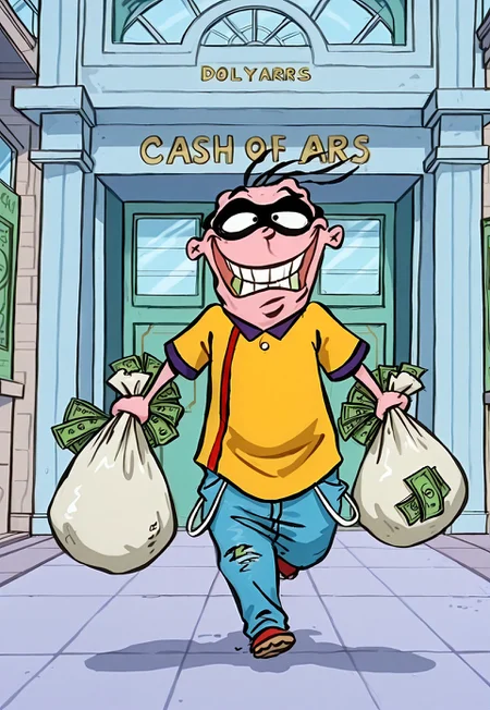 absurdres, masterpiece, newest, best quality, 1boy, solo, eddyboy, sc4m, yellow shirt, blue jeans, grinning, three hairs, black eye-mask, running, grinning, holding two sacks of cash in hands, dollars, cash-stuffed pockets, facing viewer, trail of dollar bills, bank exterior, (BANK building in background:1.3), detailed background, dollar bills in the air, 