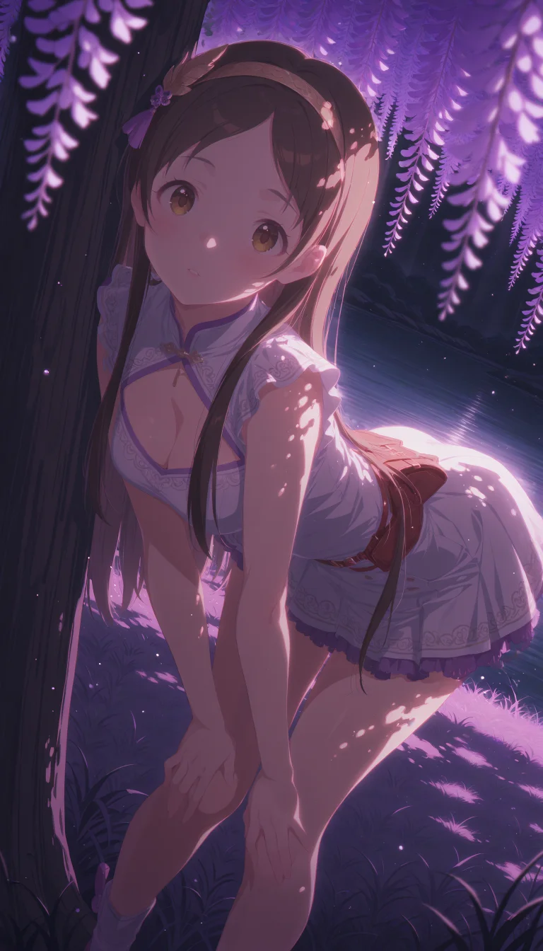 1girl, kuramoto china, gakuen idolmaster, brown eyes, very long brown hair, hair ornament, upper teeth only, parted bangs,
((open eyes,parted lips):1.1),
(bent over,cleavage,hands on knees)
wearing 1950s Poodle Skirt and Saddle Shoes, headband,
BREAK
(looking at viewer:1.2), looking back seductively,
under tree, branch, (purple wisteria:1.3), bag, (purple grass:1.4), misty lake,
dreamy atmosphere,
QUALITY
(masterpiece, very aesthetic, absurdres),
BREAK
at night, haze, (cowboy shot,from side), dutch angle, portrait, (dappled sunlight:1.3), (sunbeam:1.1), (sunlight from side:1.2), (light rays:1.1), dramatic lighting, (glowing:1.4), (particles:1.2), (blurry background:1.1), (blurry foreground:1.3), purple shadow, high contrast
<lora:outline_xl_end:-12>, <lora:EnvyZoomSliderXL01:1.5>, <lora:aesthetic_anime_v1s:0.5>, <lora:StS-Illustrious-Detail-Slider-v1.0:1.25>, <lora:il_brightness_slider_d1:-0.5>, <lora:darkness_xl_v20:0.5>, <lora:Dramatic Lighting SliderIL:3>,