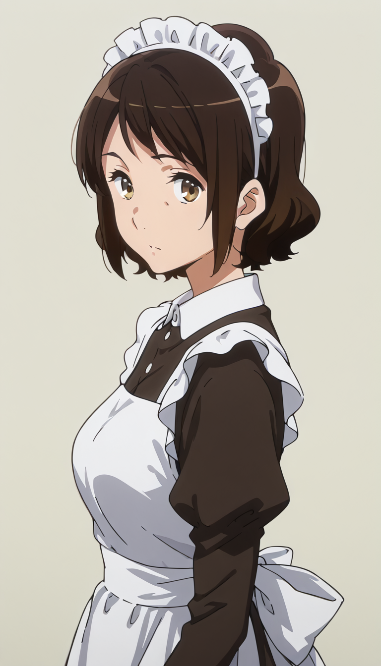 <lora:oumae_akiko:1>,brown hair,short hair,brown eyes,simple background,looking at viewer,medium breasts,maid headdress,