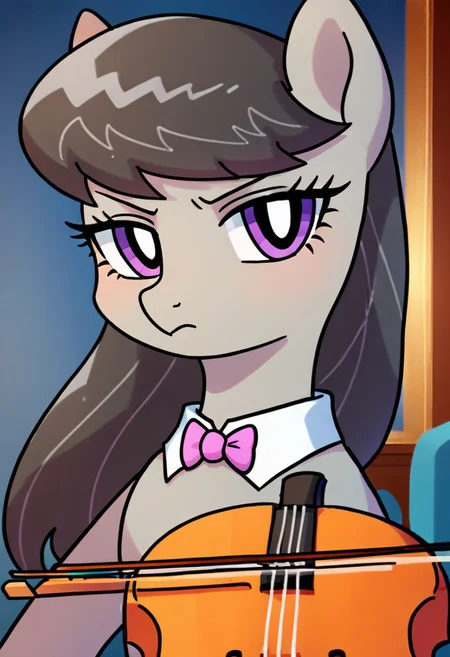 score_9,score_8_up,score_7_up,1girl,beautiful,high detailed, wide shot, Octavia Melody_(Mlp), earth pony, Grayish mulberry eyes, Dark gray hair with a lighter tint, Goldish gray skin,dark lighting,serious face,looking at viewer, medium shot, cello, hotel room, evening, standing near bed, tsundere, blushing, annoyed