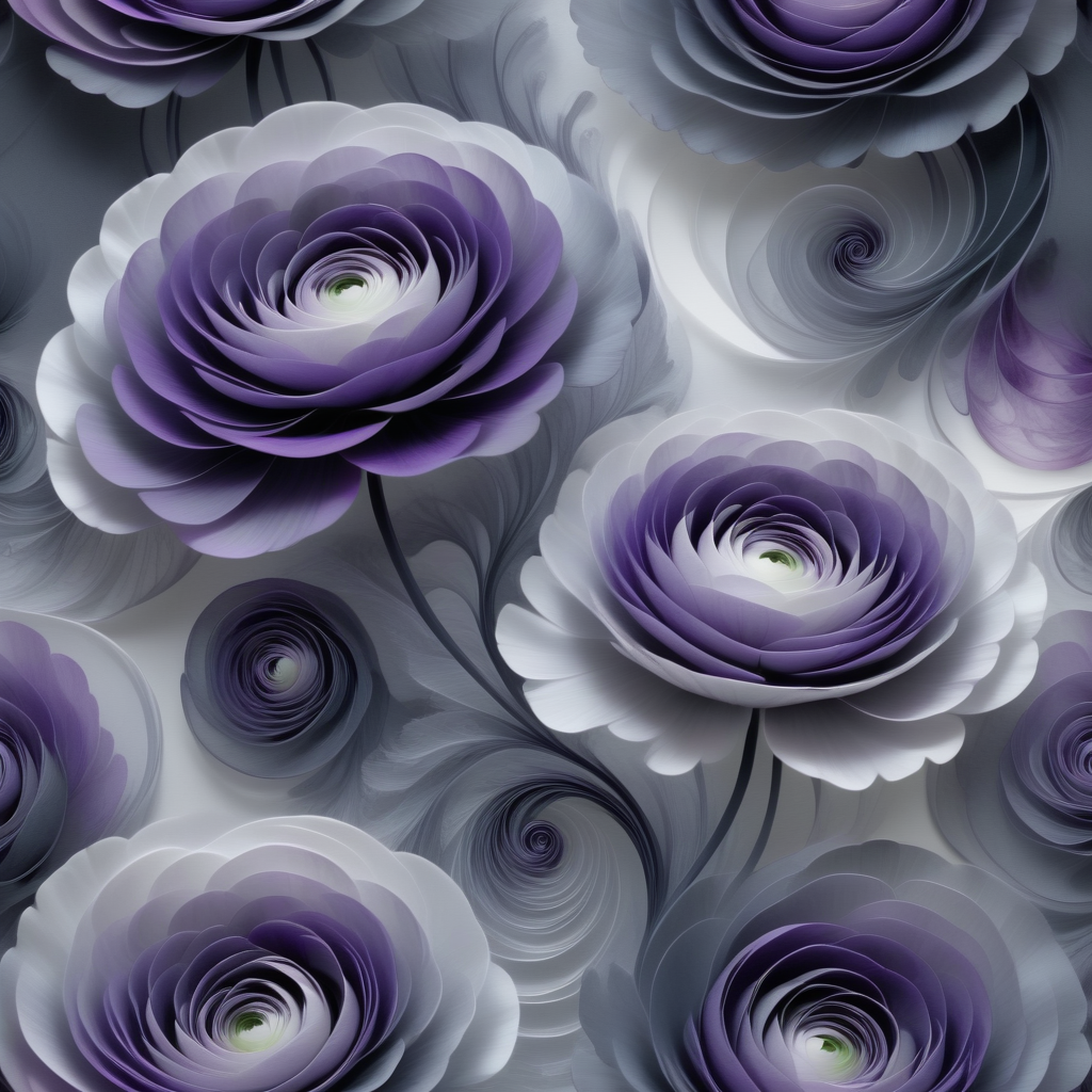 abstract floral print, ranunculus, fluid shapes, graphite, fleece, rococo style, Gradual Fade, purple and gray, spiral pattern, modern effect, neon accents, fractal, matte texture, matte finish  <lora:artfully_SOFTSUBTLE:1>, soft and subtle,