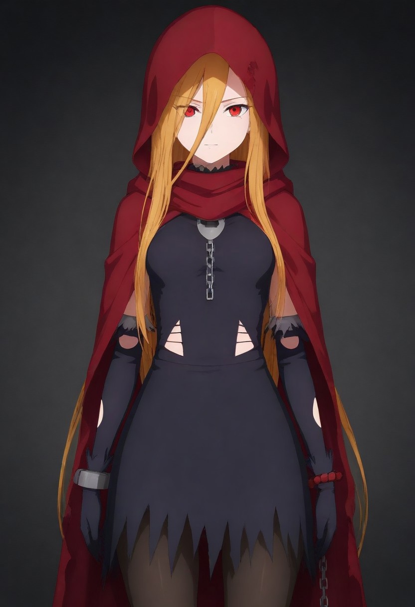 masterpiece, best quality, amazing quality,,, shiny skin,,,,,, <lora:Evileye:1> N4rb3r4lG4mm4, red eyes, blonde hair, very long hair, hair between eyes, torn clothes, hood, pantyhose, black dress, gloves, chain, hooded cloak, shackles,