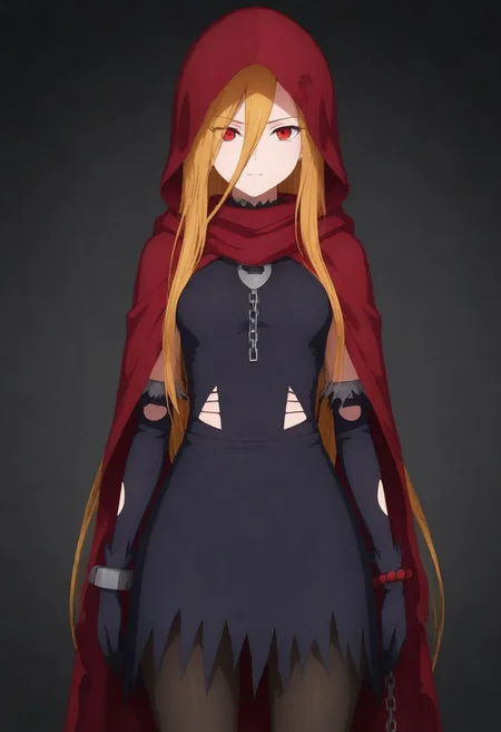 masterpiece, best quality, amazing quality,,, shiny skin,,,,,, <lora:Evileye:1> N4rb3r4lG4mm4, red eyes, blonde hair, very long hair, hair between eyes, torn clothes, hood, pantyhose, black dress, gloves, chain, hooded cloak, shackles,