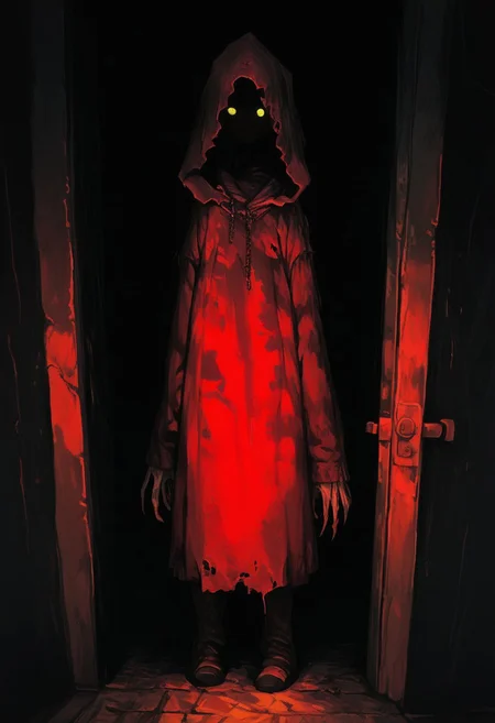 score_9, score_8_up, score_7_up, score_6_up, score_5_up, score_4_up, golden eyes , feral, dark, ((((doorway)))), looking at viewer through a doorway, standing in dark corridor, long corridor, barely visible,
((a man)), weak, hungry, tired, 70s poster, hard lines, thick fog, retro dark vintage sci-fi, horror comic art, standing with arms at sides, (((hands at sides))), long sleeves, ((big hands, long fingers))
wearing a long simple ragged hooded red robe, robe chained closed, prisoner, chained, broken chains, (((((hidden face))))), dark hood, (((faceless))), (((no face))), ((((empty hood)))), ((((pitch black ))), glowing yellow eyes, ghost
BREAK
fog, volumetric light, dramatic studio lighting with a strong rim light
modern-style colour illustration, bold & powerful, black background, ominous