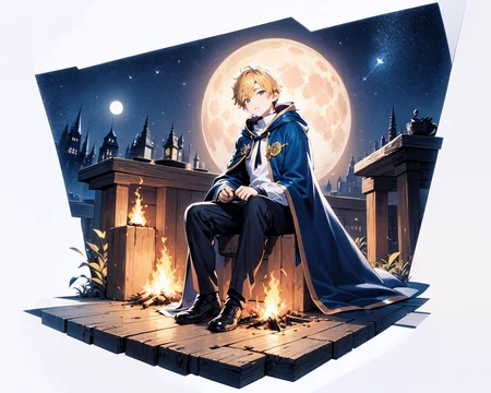 [(white background:1.5),::5]
1boy, mid shot, full body, blonde hair,blue eyes,Linen Hooded Cape, blue dress bonfire,sitting under the broken wall, sky, detailed moon, light particles, butterflies, night, starry sky, <lora:lihui4JXK-b2-bf16-128-128-1-re1-ep3-768-DA-5015fix:1.0>