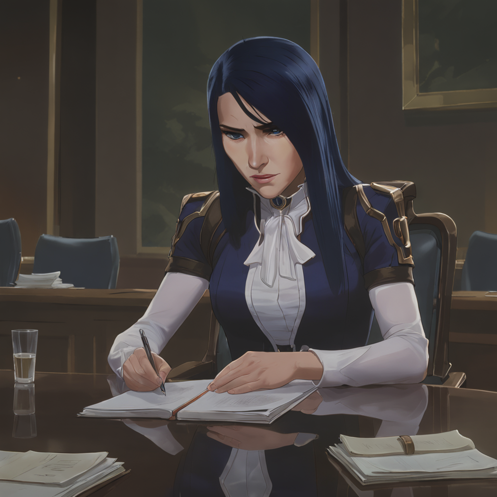 arcane, caitlyn, blue hair, blue eyes, 1girl, solo, long hair, bangs, congresswoman, wearing formal dress, sitting at congress meeting, table, papers, high quality  <lora:caitlyn-v2:0.85>