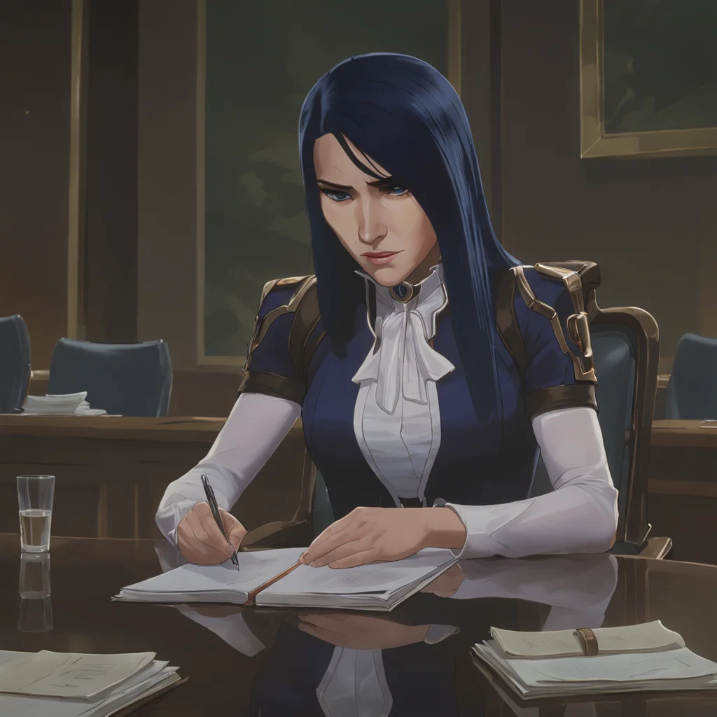 arcane, caitlyn, blue hair, blue eyes, 1girl, solo, long hair, bangs, congresswoman, wearing formal dress, sitting at congress meeting, table, papers, high quality  <lora:caitlyn-v2:0.85>