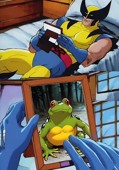 Wolverine holding a picture frame of a frog, comic panels, <lora:wolvmemesdxl:0.8>, wolvmemesdxl, cartoon, best quality, x-men