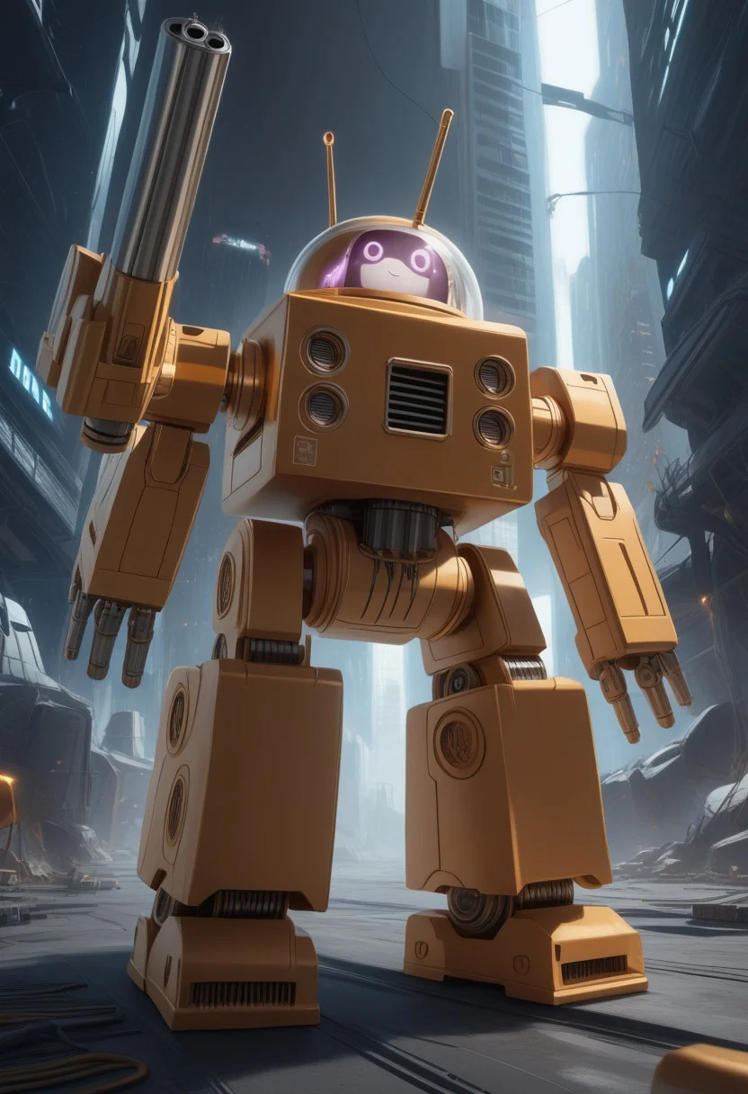 A futuristic world where technology could be sleek, modern, and slightly quirky, with the orange giving it a pop of energy and excitement, pmg style, cute kawaii war mech, lasers, turrets, guns